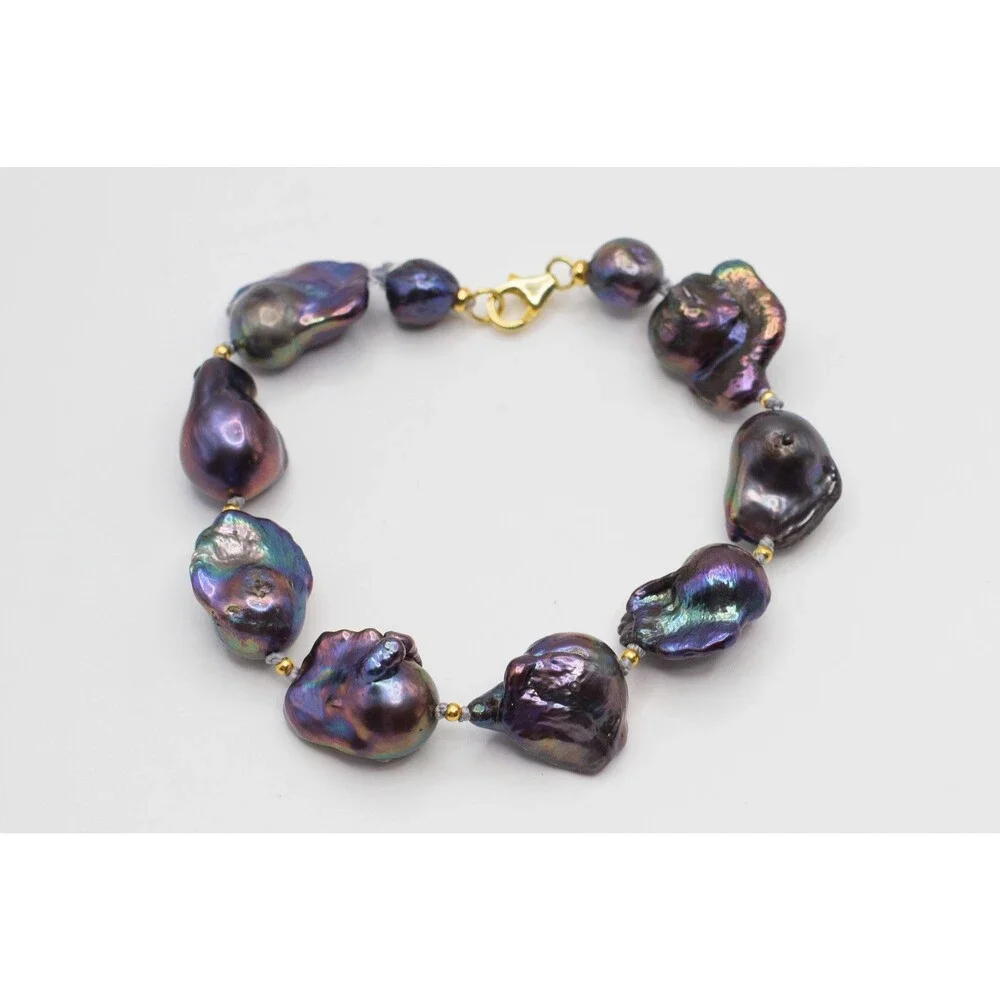 Black Baroque Pearl Bracelet, Handknotted 925 Sterling Silver Gold Plated